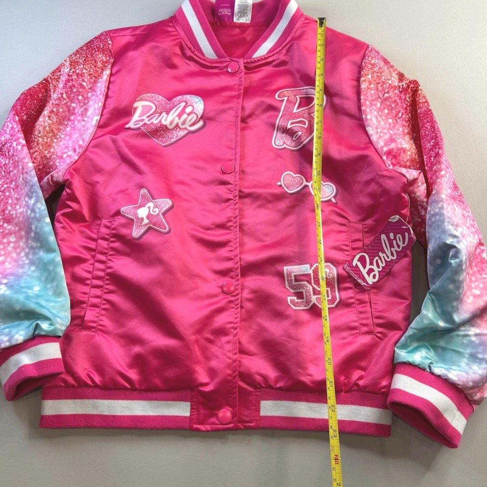 Barbie Girls Pink Varsity Bomber Jacket Glitter Ombre Sleeves Size 14/16 NWT - Picture 6 of 7
